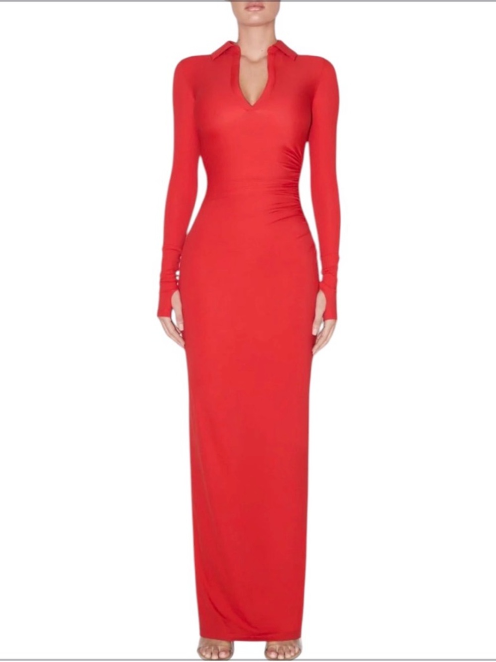 Khy Cherry Red Smooth Stretch Ruched Maxi Dress